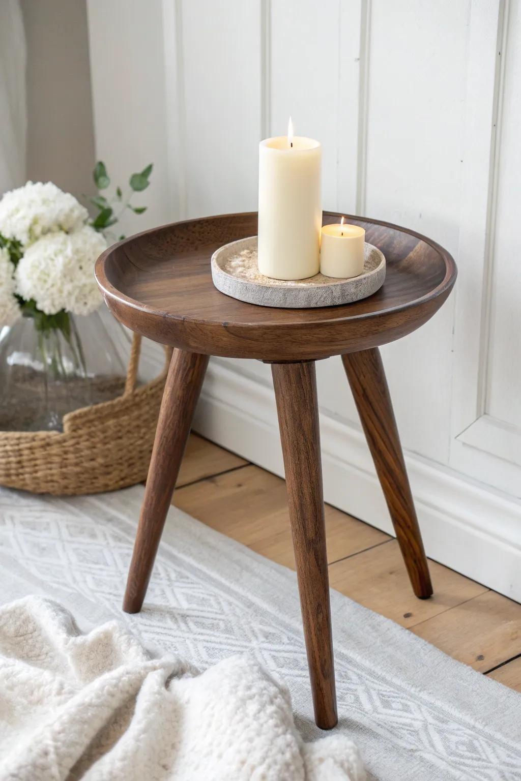 Top a wooden stool with a pretty tray to create a tiny table that feels calm and contained.