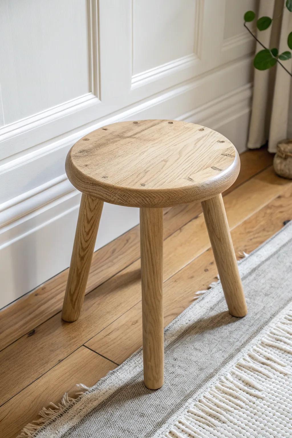 A simple three-leg milking stool—no wobble, timeless oak, perfect as a bedside perch.