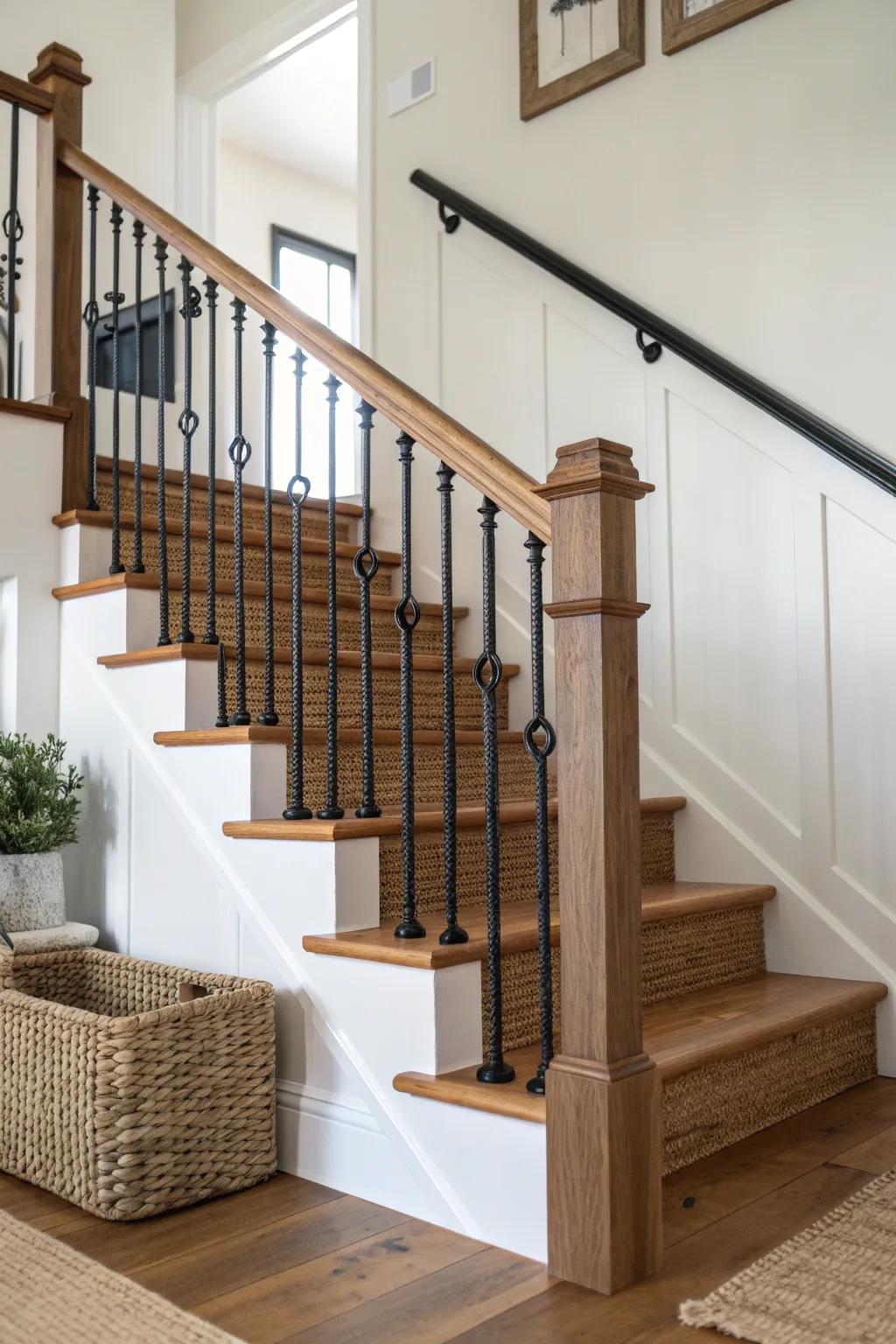 Crisp black spindles and a warm wood handrail—modern farmhouse contrast for a straight stair.