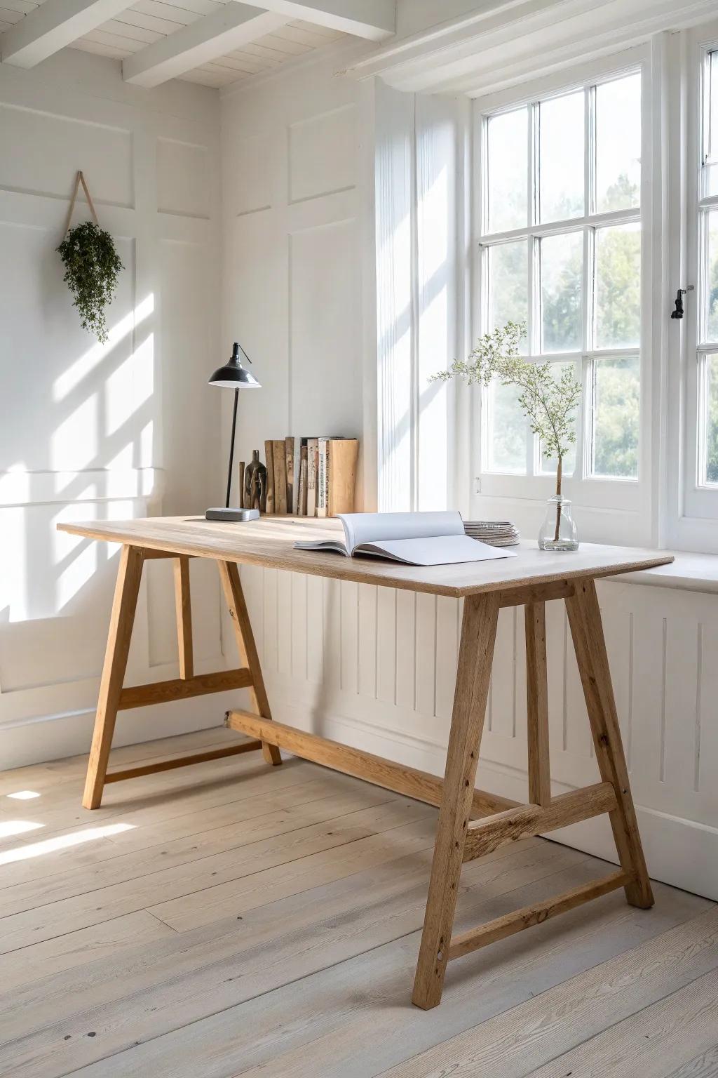 Simple trestle base desk: sturdy, minimalist, and warm—made for focused study nights.