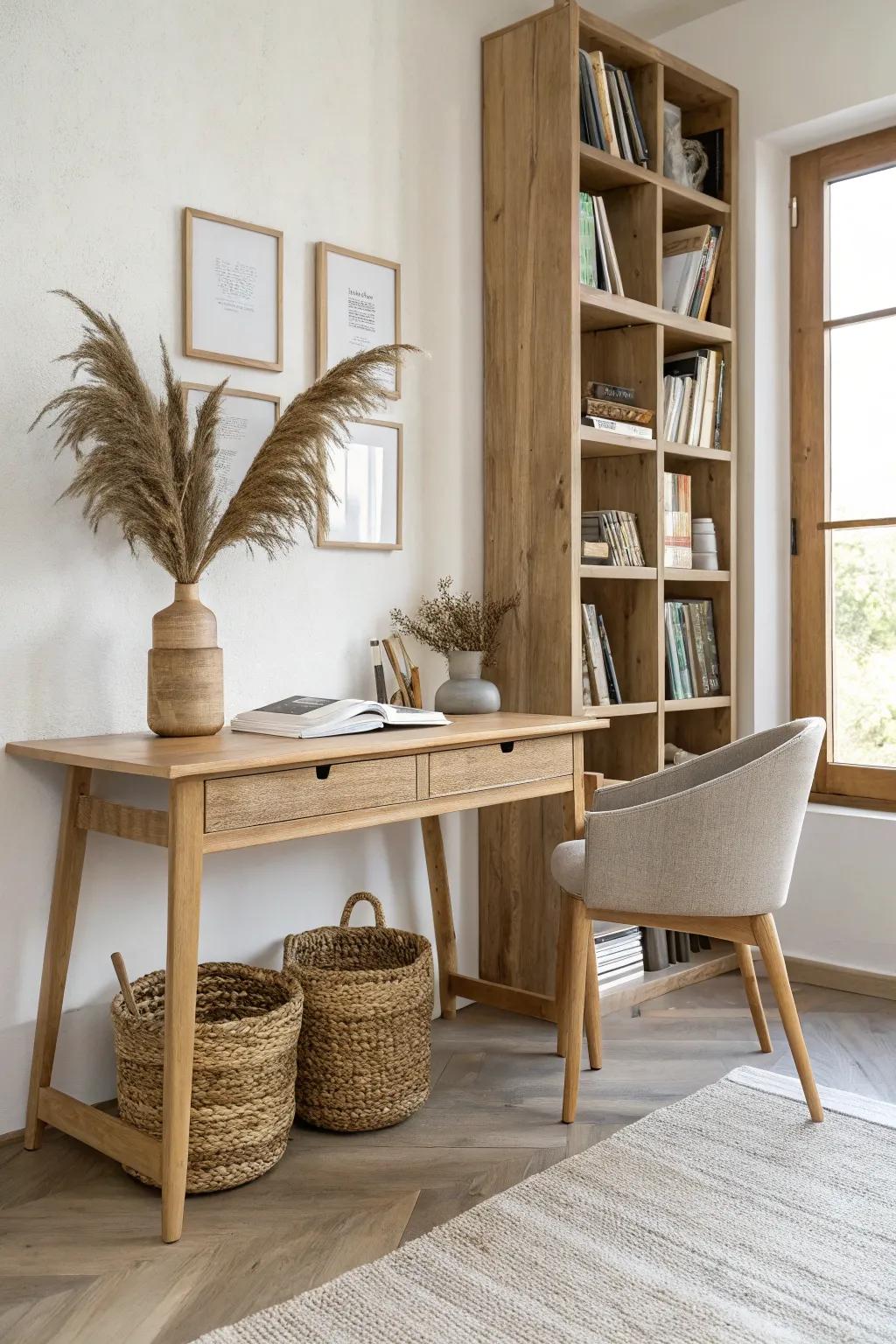 A wall-saving study table with built-in bookshelf—clean oak lines, hidden storage, calm vibes.