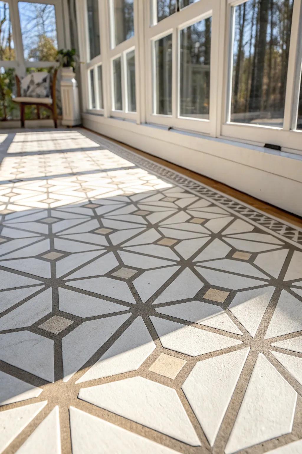 Cottagey 'tile' look: stencil-painted concrete brings charm to a sunroom without added height.