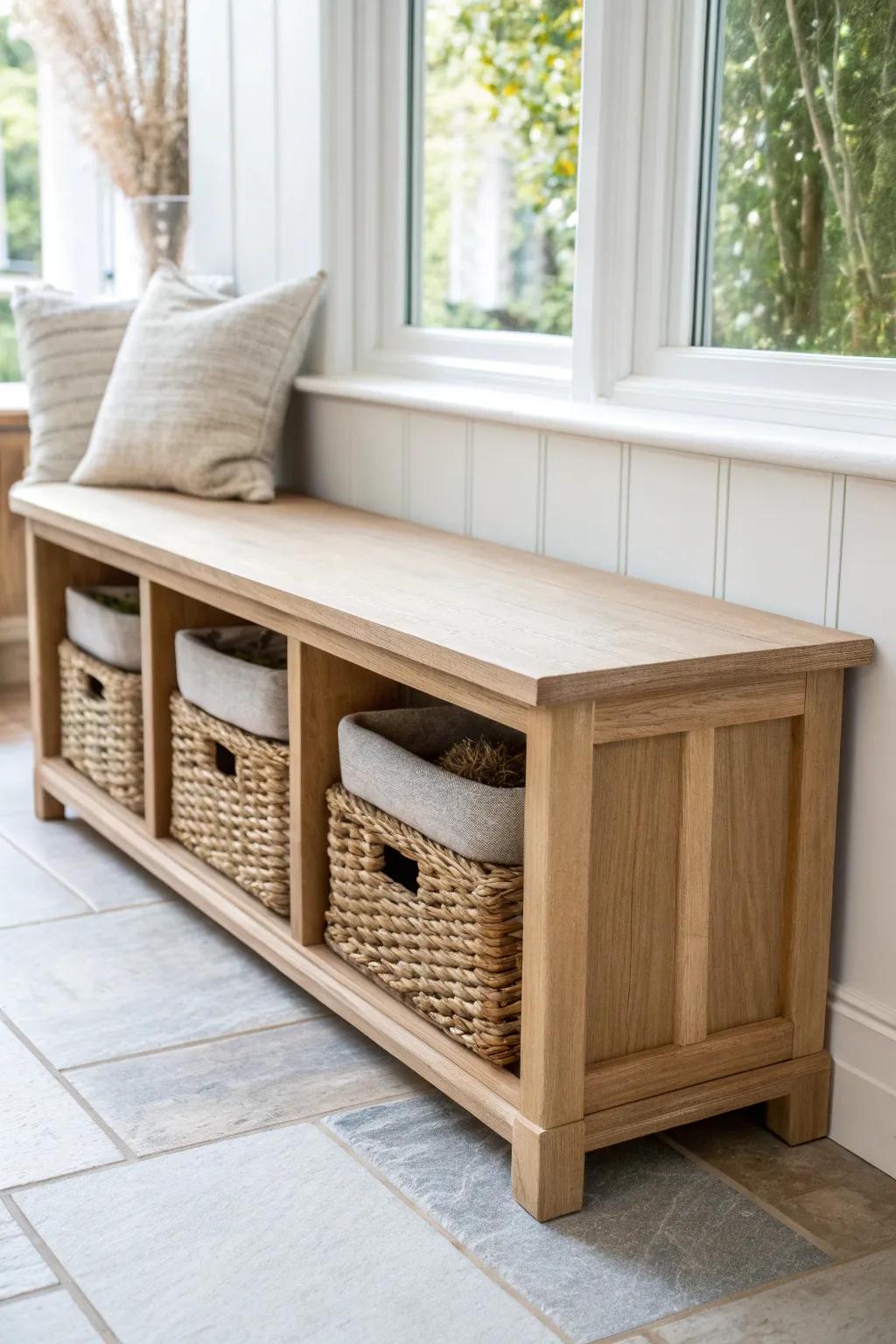Bench cubbies with woven baskets—sunroom storage that stays calm, airy, and beautifully hidden.