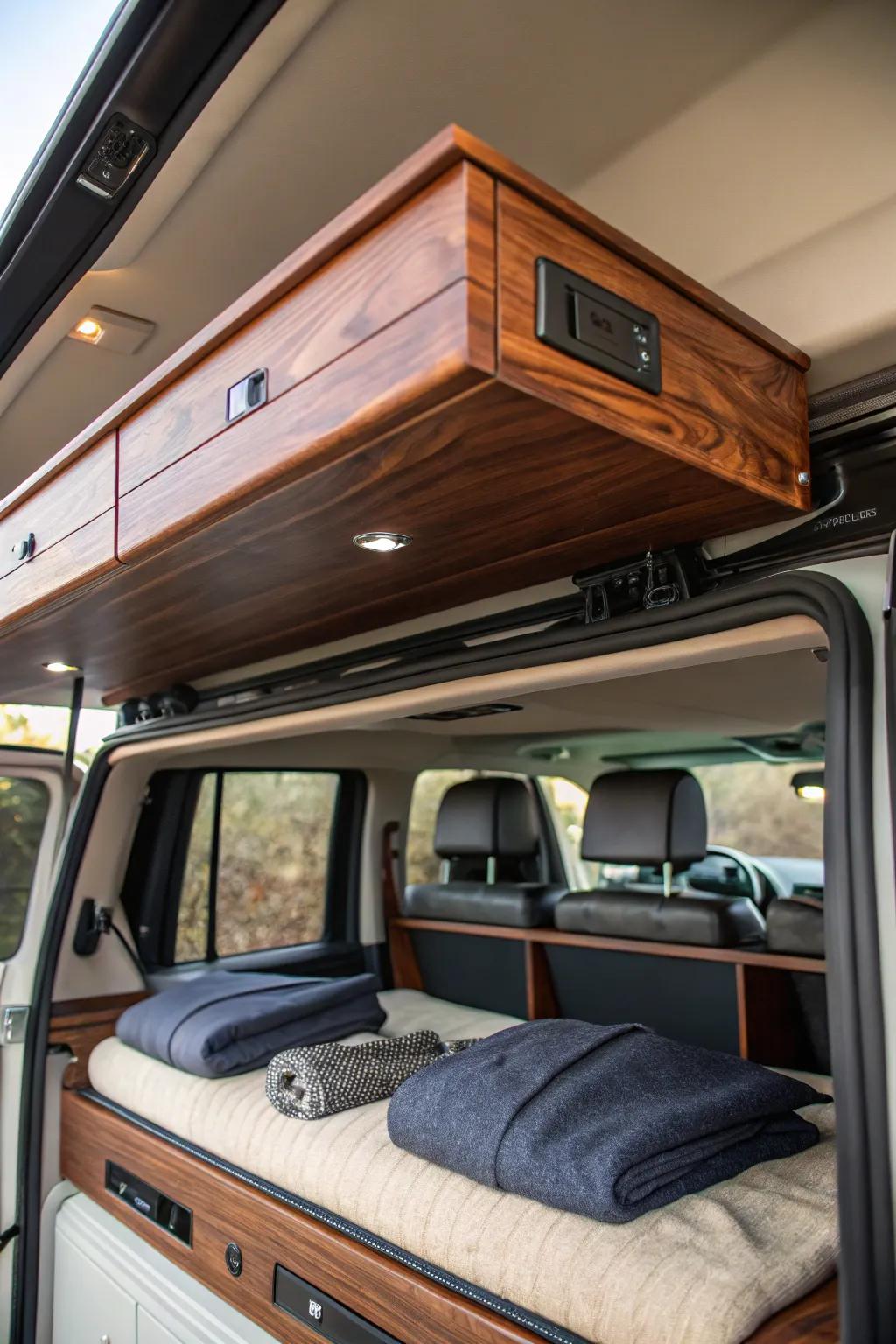 Elevate your adventure with custom overhead storage solutions that blend functionality with craftsmanship.