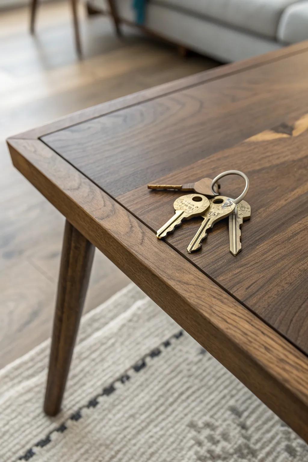 Classic maple bow tie keys set into dark walnut—an intentional, elegant crack repair.