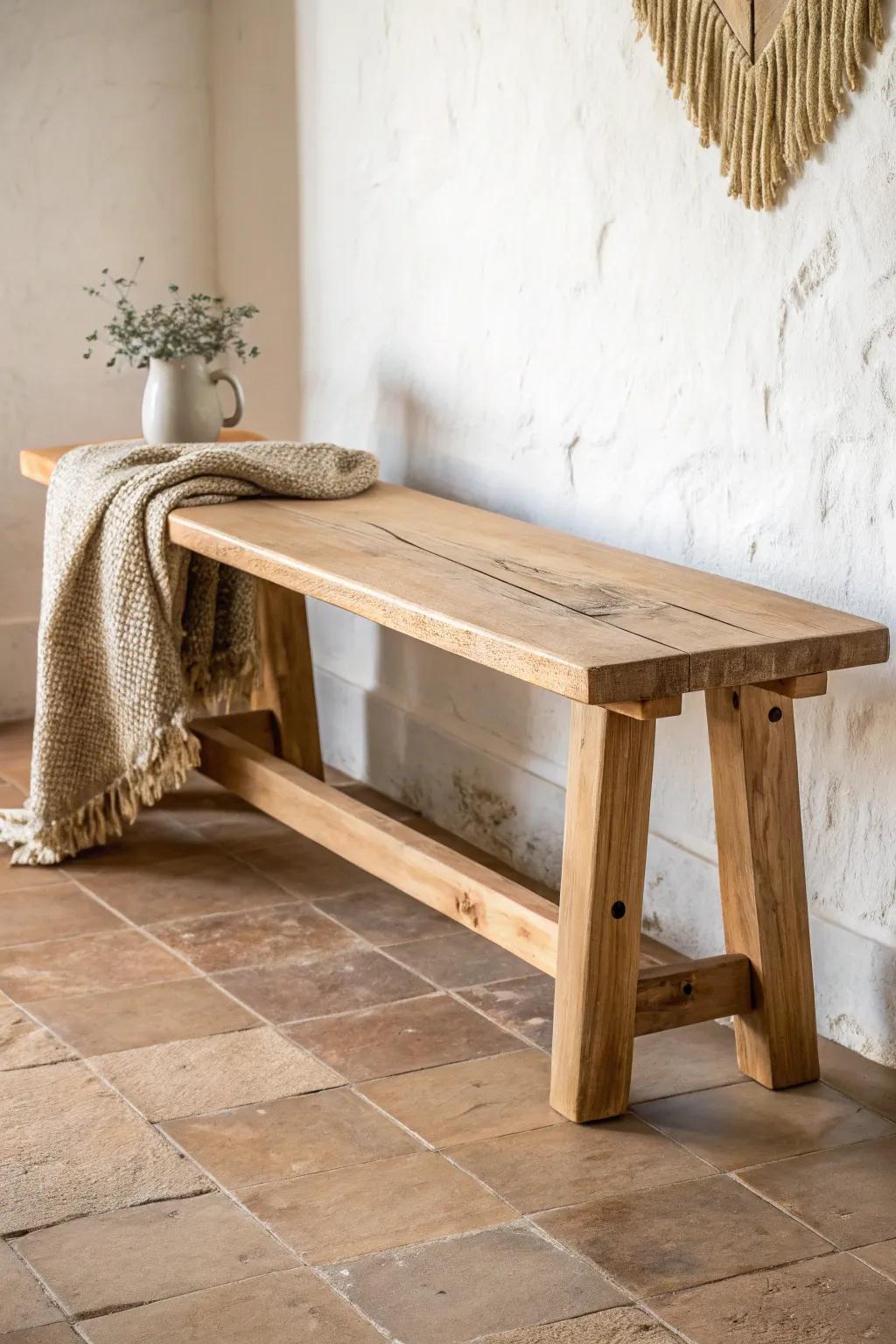 Sturdy farmhouse bench with a thick oak top and softly distressed edges—simple, cozy, built to last.