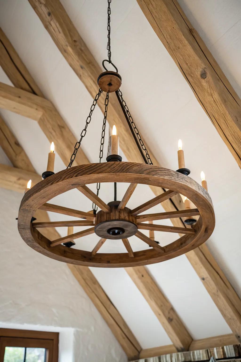 Wagon-wheel chandelier centered under timber trusses—rustic balance with minimalist warmth.