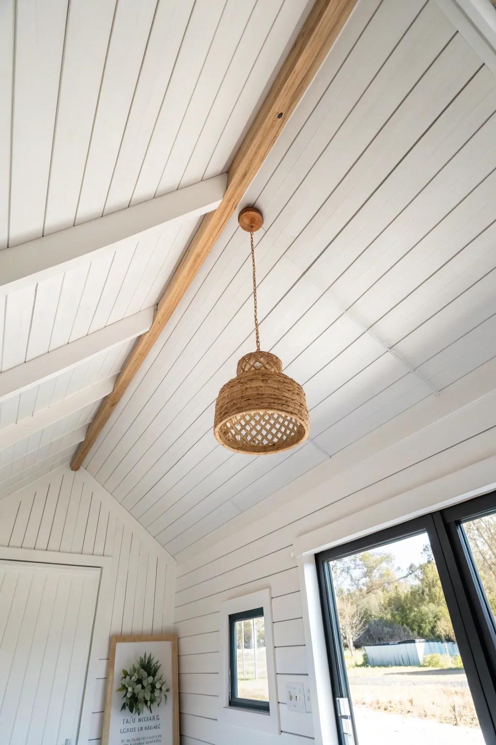 White shiplap ceiling running lengthwise for a brighter, longer-looking tiny house.