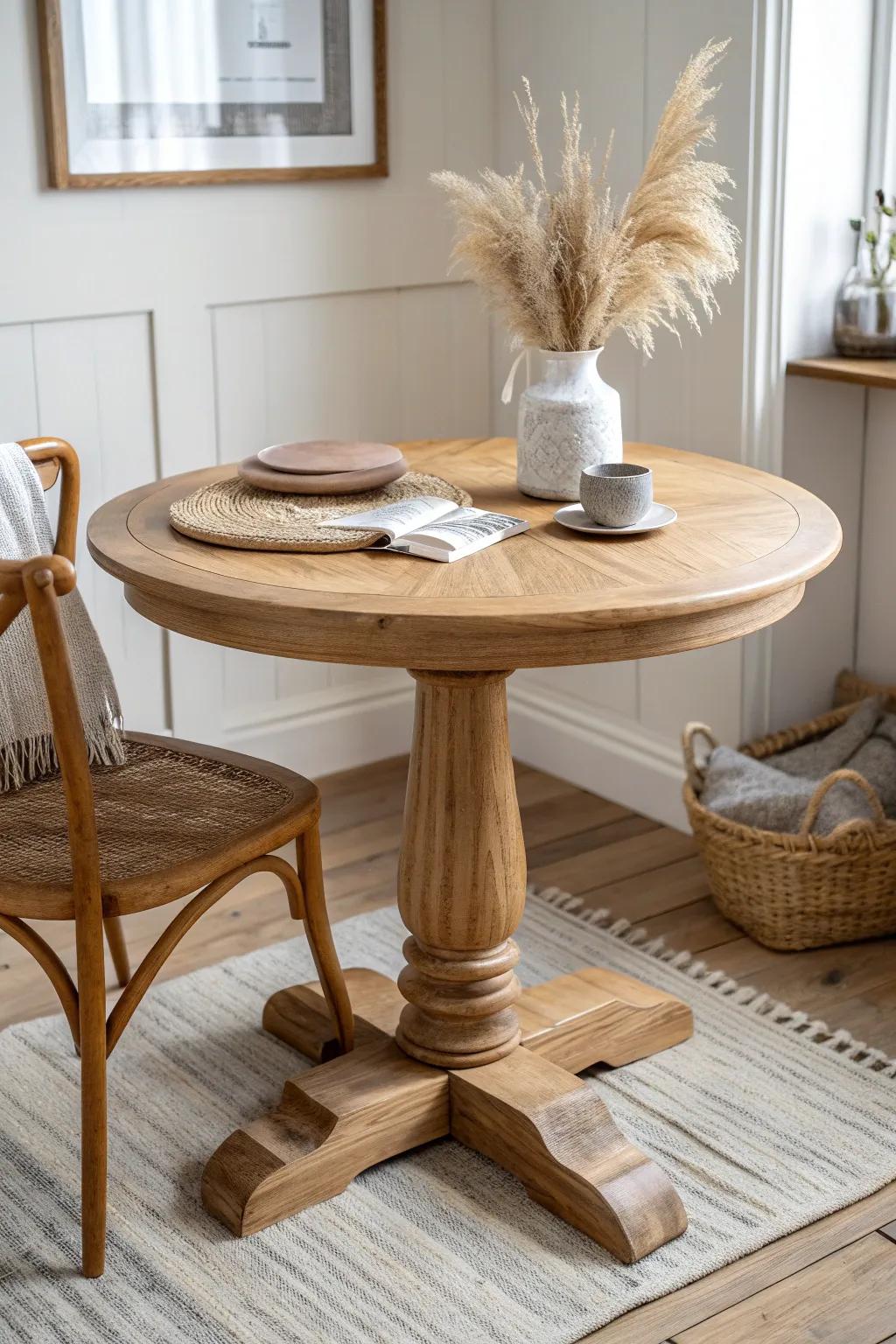 Round pedestal bistro table: tiny-house friendly, no corners, effortless flow and cozy style.