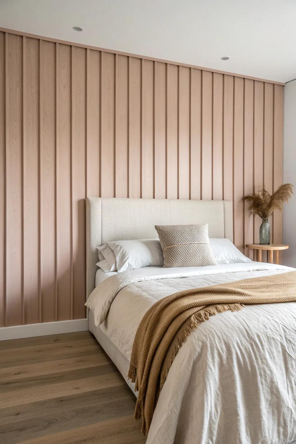 A painted vertical tongue-and-groove wall that doubles as a clean, built-in headboard.