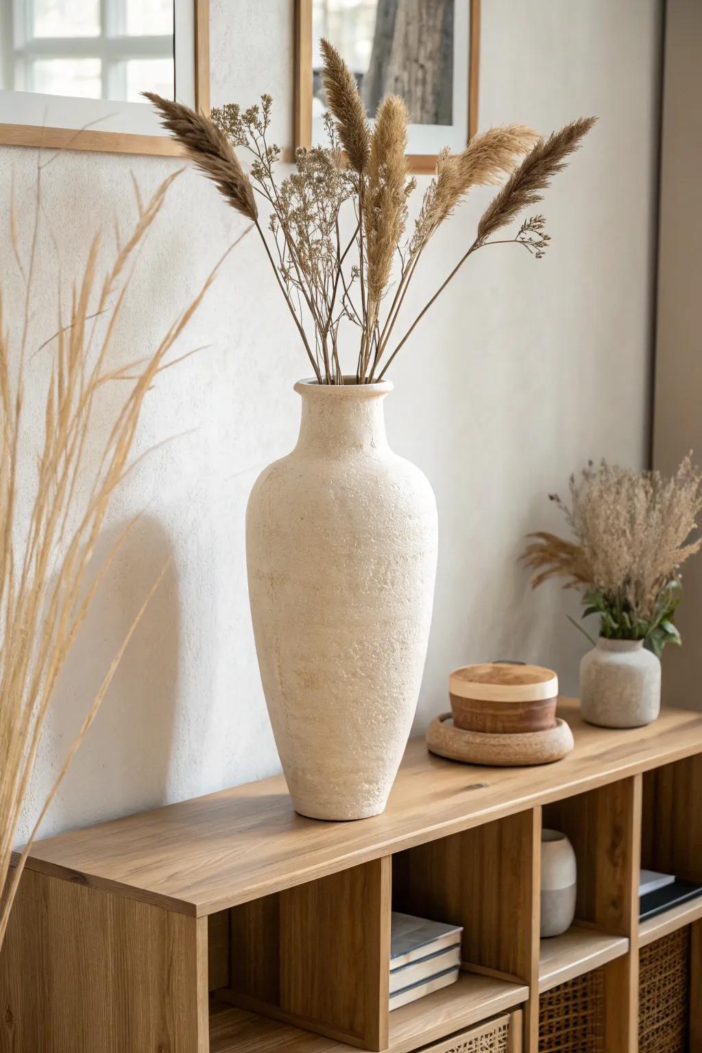 A tall ceramic vase with sculptural branches—an easy, high-impact top-of-bookshelf moment.