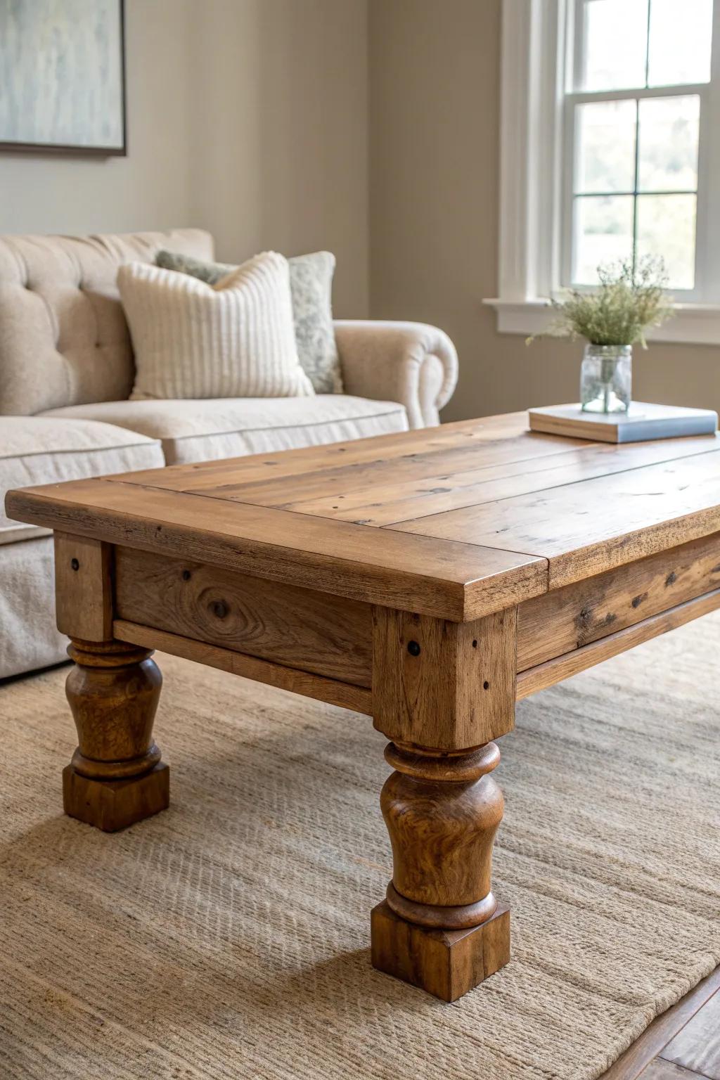 A reclaimed-wood coffee table with turned legs—traditional, grounded, and beautifully timeless.