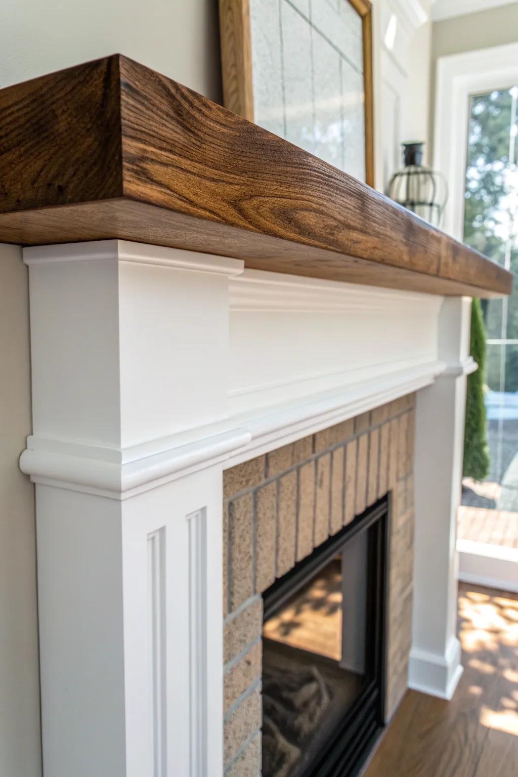 Warm stained oak mantel shelf and crisp pilasters—classic tradition with clean minimalist charm.