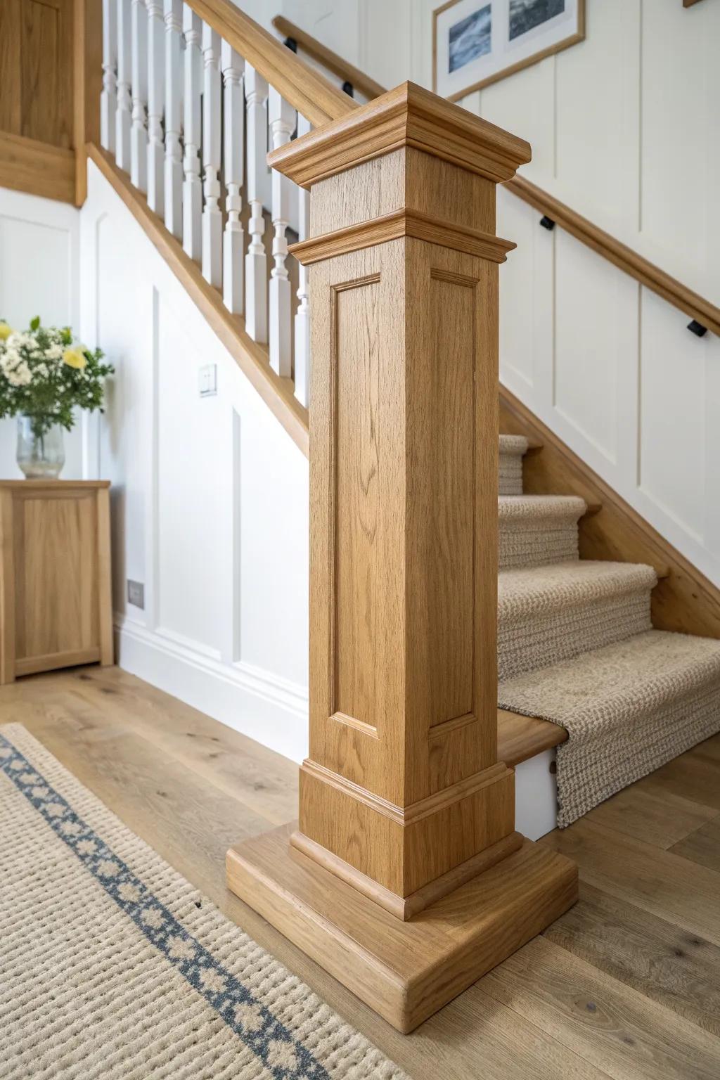 Chunky oak box newel with recessed panels—classic craftsmanship in a calm, airy stairway.