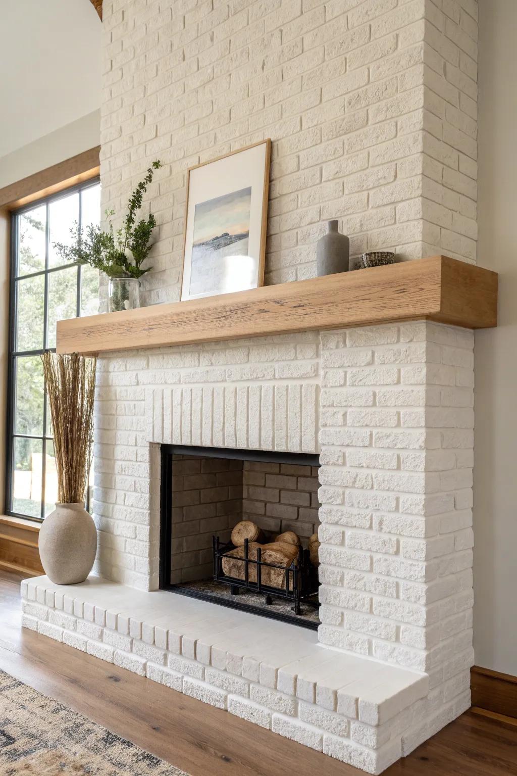 Painted brick meets a slim oak floating mantel—clean, warm, and perfectly transitional.