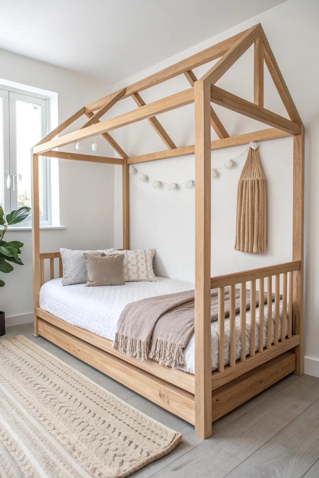 Airy full-height slat railings make this treehouse bed feel cozy, secure, and beautifully minimal.