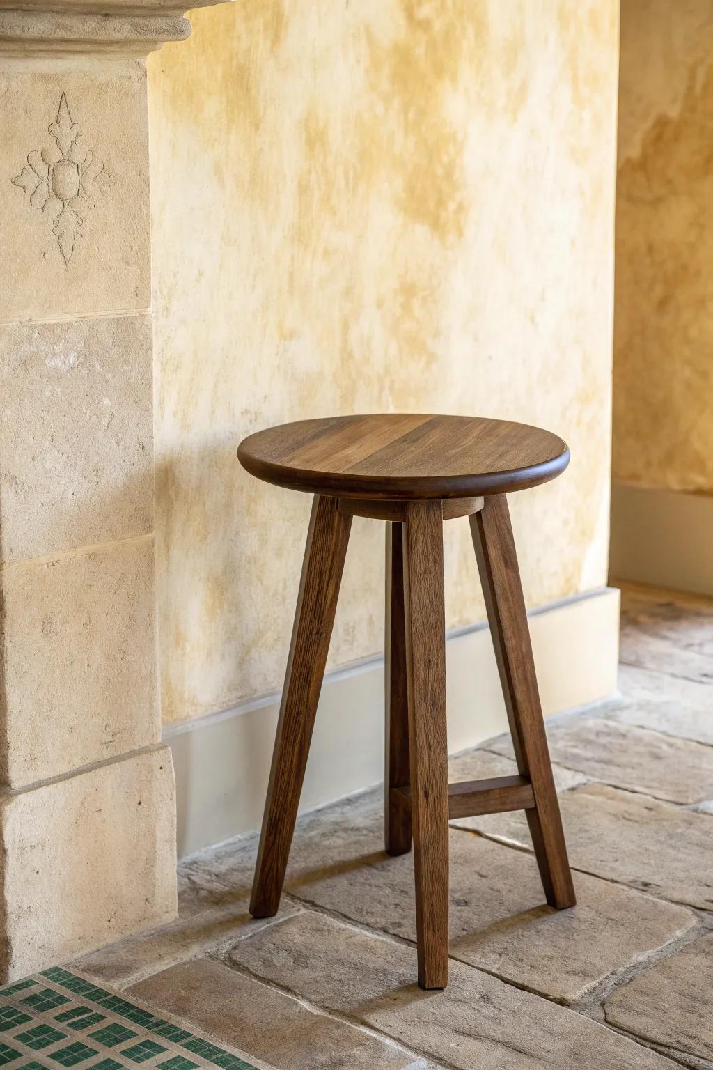 Creamy limewash walls and a dark walnut stool—minimal modern Tuscan warmth with artisan charm.
