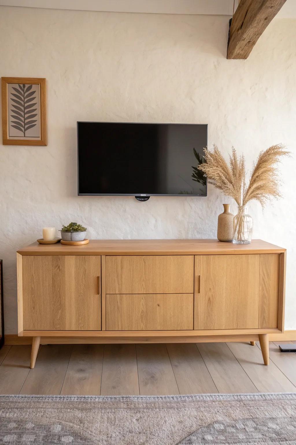 Wall-mount the TV with a small gap above a light oak sideboard for a sleek, usable console.