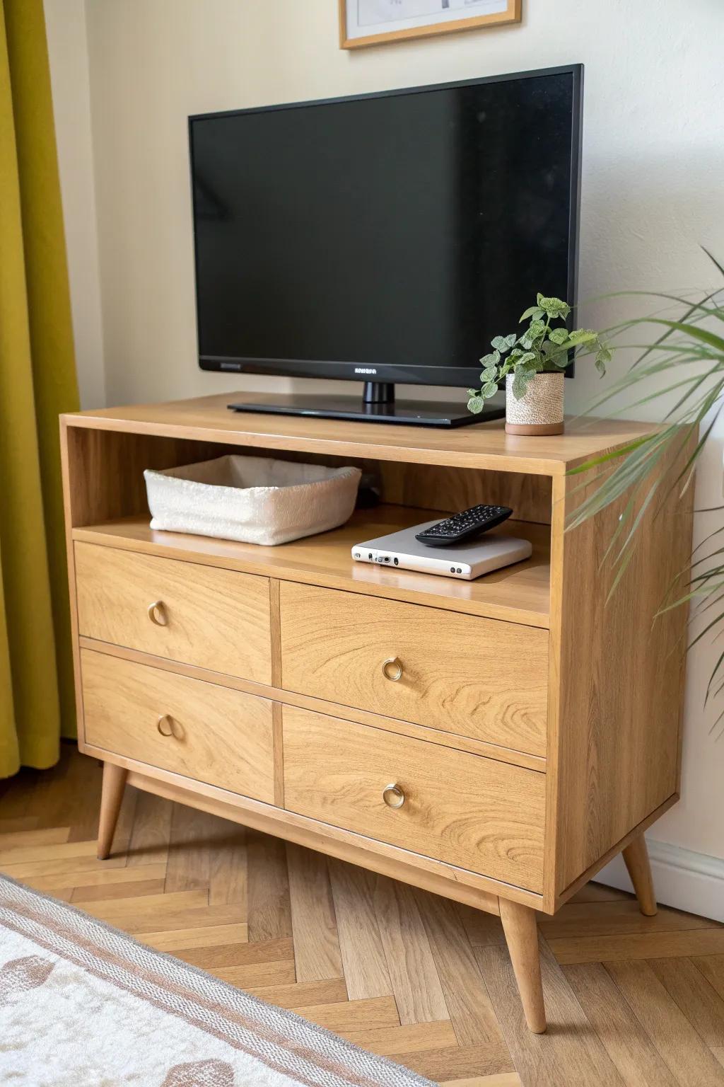 Repurposed dresser TV stand: hidden storage, fresh wood finish, and minimalist charm.