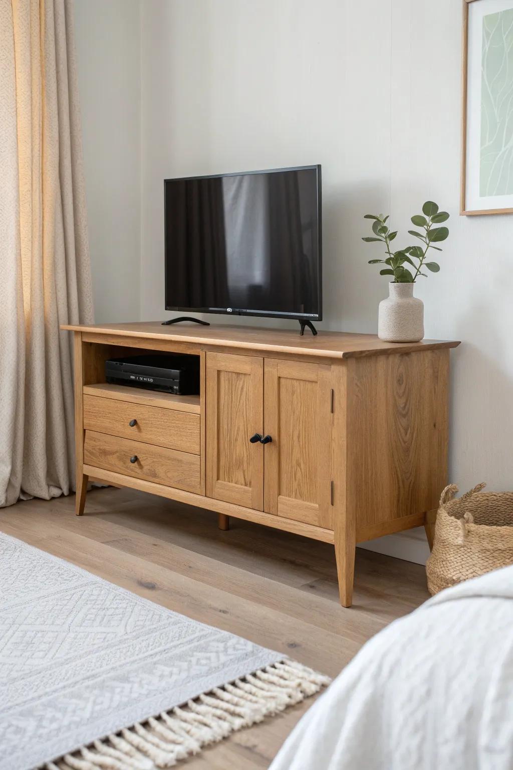 Classic oak TV stand with shaker doors and drawer—keeps bedroom clutter beautifully hidden.
