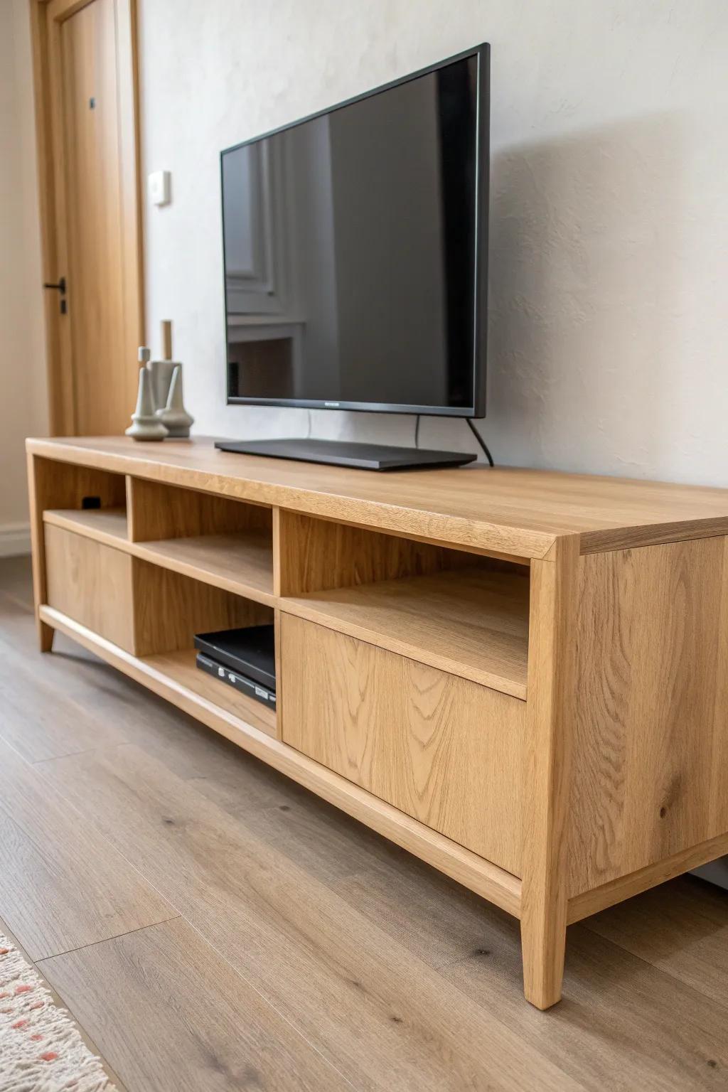 Slim oak console: long, shallow, and airy—perfect for small living rooms without blocking flow.