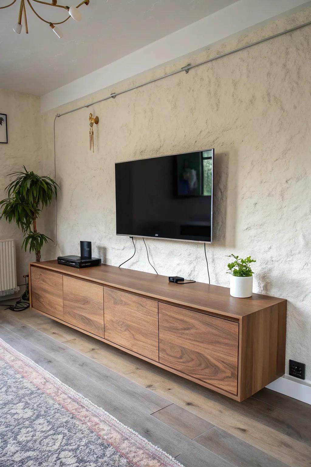 Floating oak TV unit with wall cabinets—clean lines, hidden cables, airy Scandinavian calm.