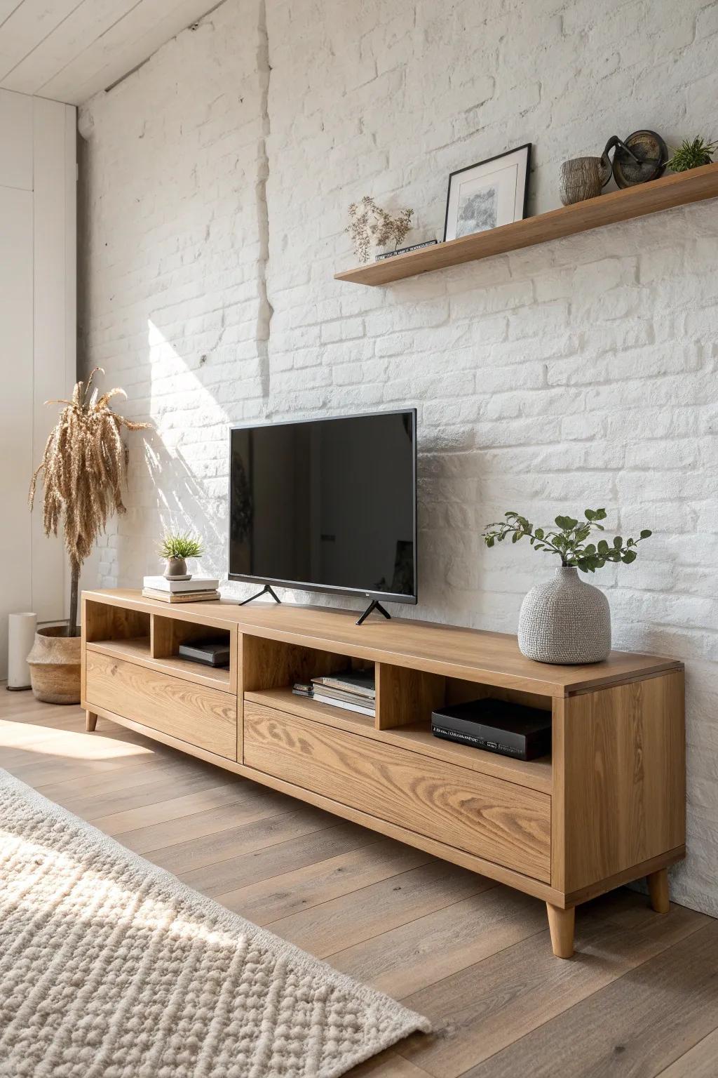 Low oak console + chunky upper shelves for an airy, styled TV wall with plenty of storage.