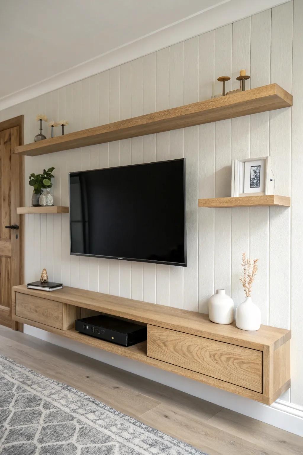 Symmetrical oak floating shelves frame the TV for a calm, balanced Scandinavian‑boho wall.