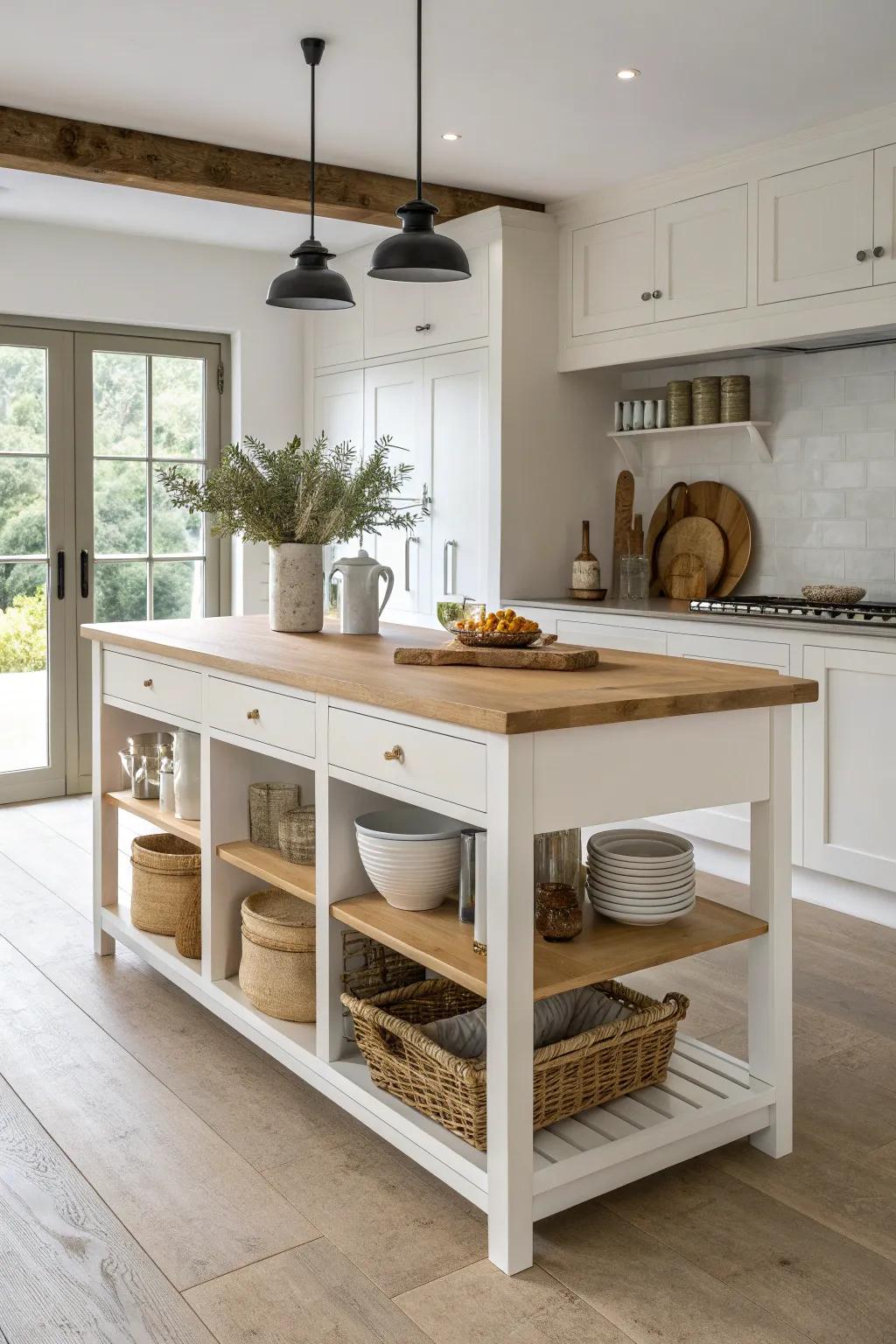 A two-tier island with a table-height wood extension—made for comfy, linger-long meals.