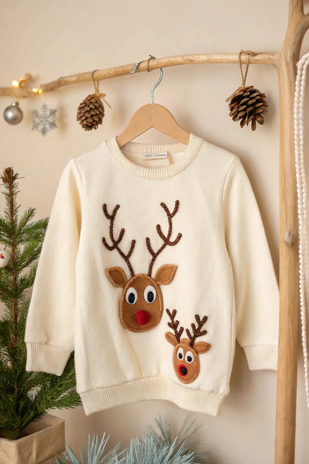 Embrace the charm of a handcrafted Christmas with this delightful 3D reindeer sweater, perfect for adding a touch of whimsical elegance to your holiday wardrobe.
