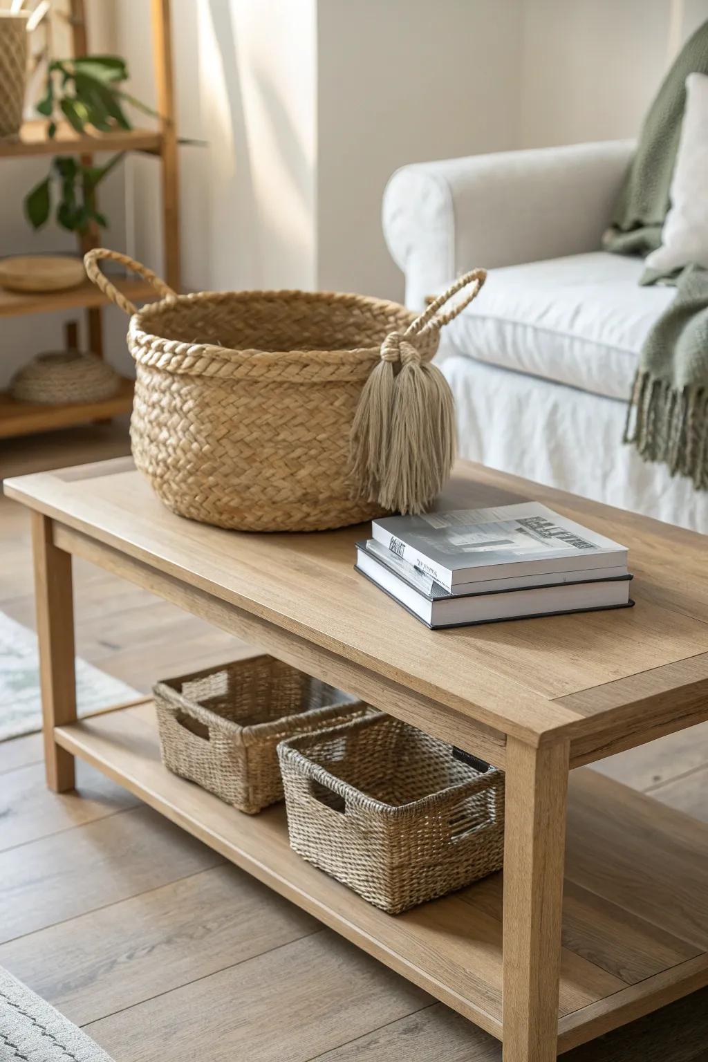 Style a lower shelf with a woven basket + book stack for tidy, intentional coffee table storage.