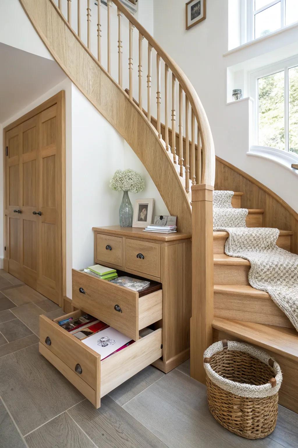 Deep pull-out drawers that follow the curved stair sweep—beautiful storage with full-extension access.
