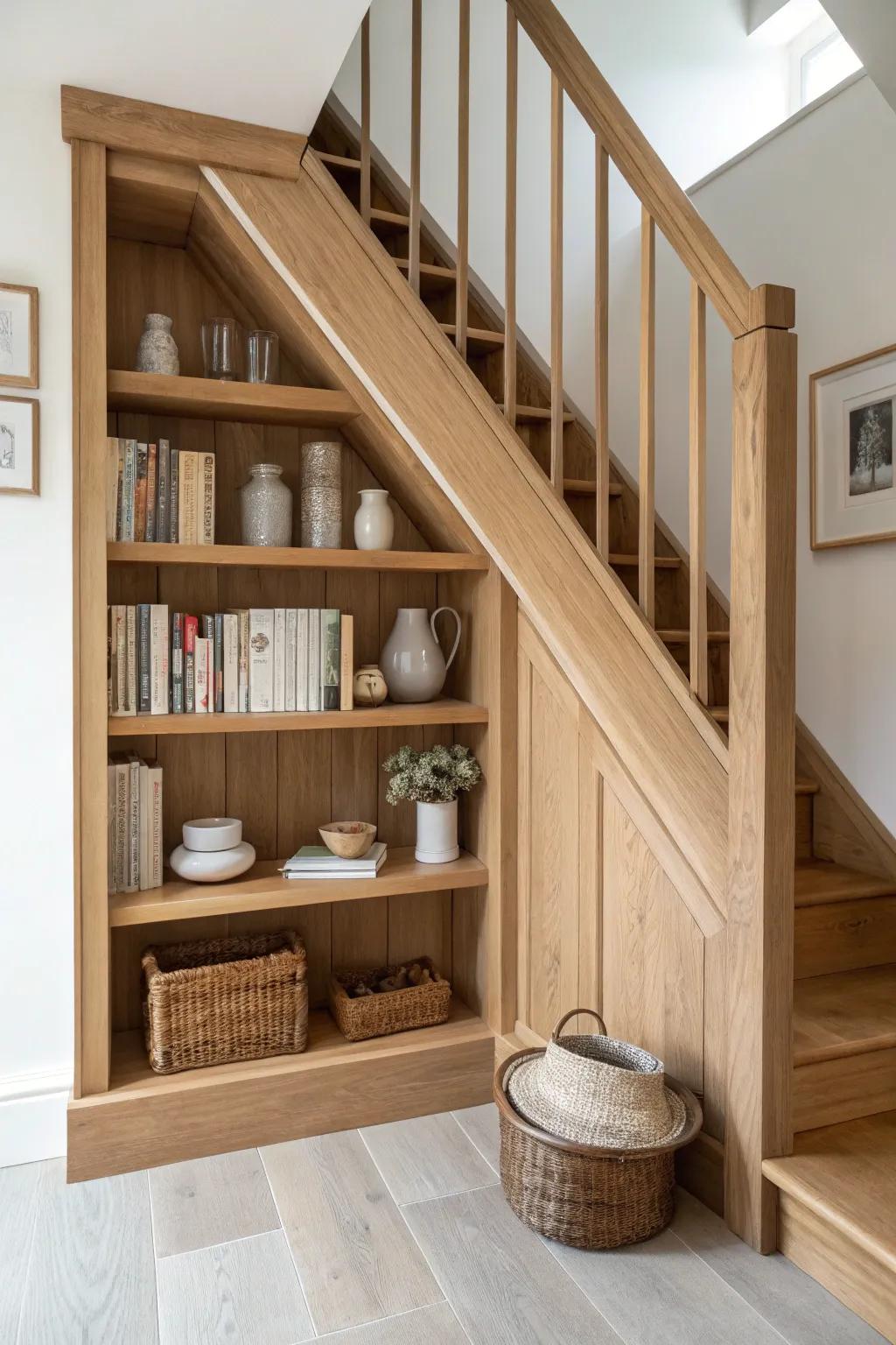 A cozy under-stair focal point: custom oak shelves styled with books and soft ceramics.