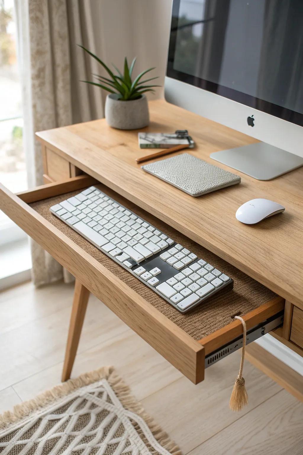 A sleek sliding under-table tray adds an extra surface—minimal, warm wood, always within reach.