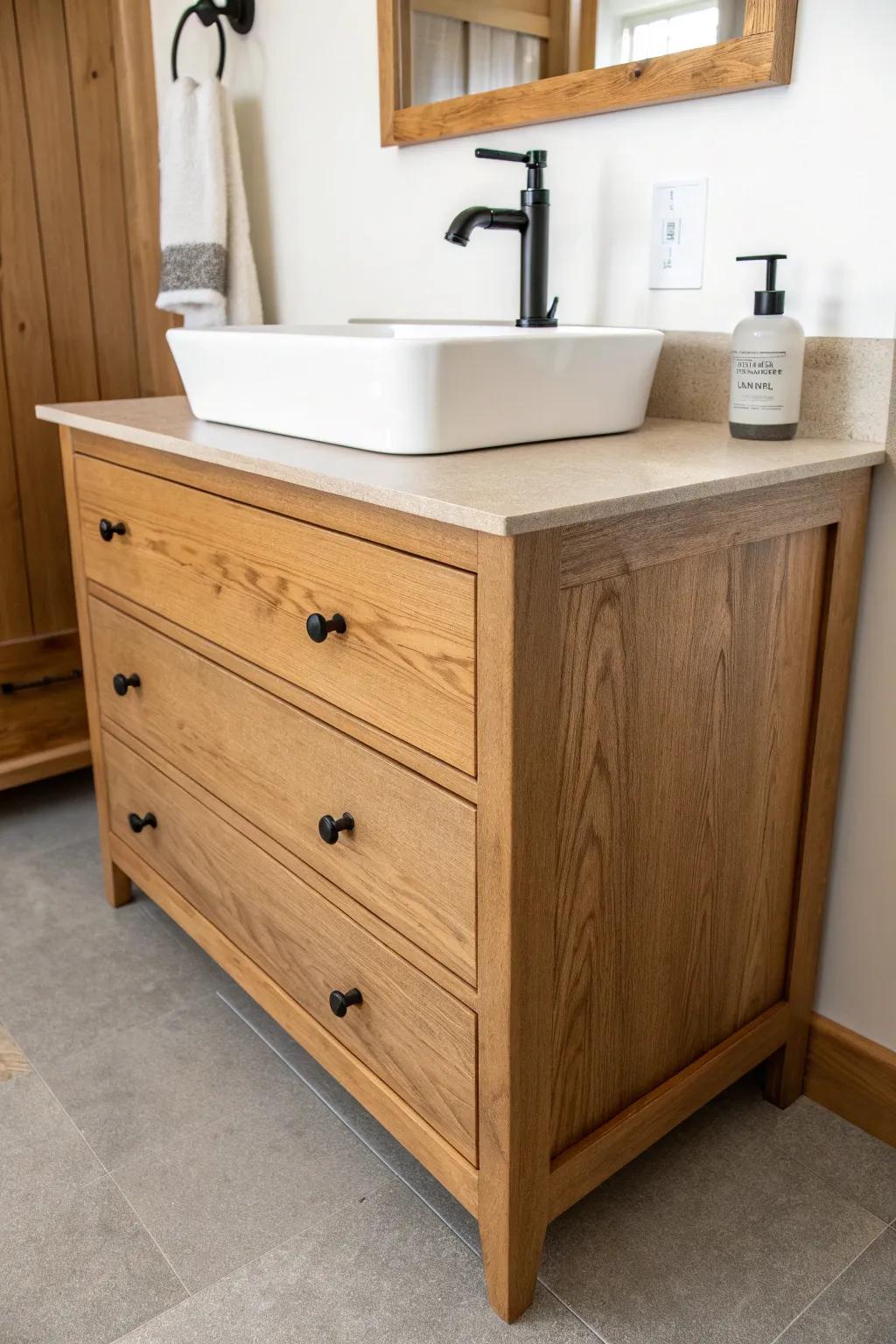 Old dresser, new life: a sealed wood vanity with deep drawers for a calm, clutter-free bath.