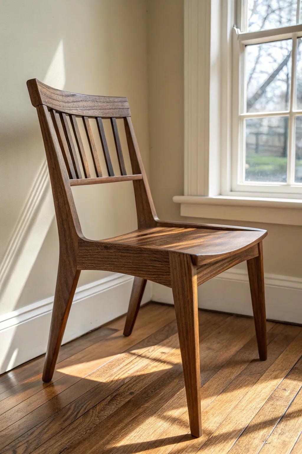 Modern slat-back chair with alternating wide + narrow slats—bold contrast, airy Scandinavian charm.