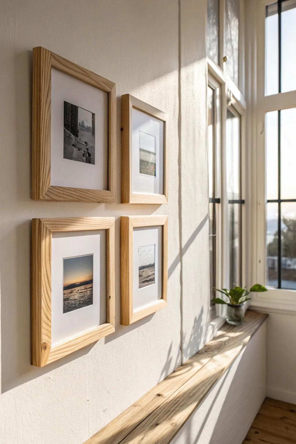 Matching pine frames in a neat grid turn everyday snapshots into a calm, finished gallery.
