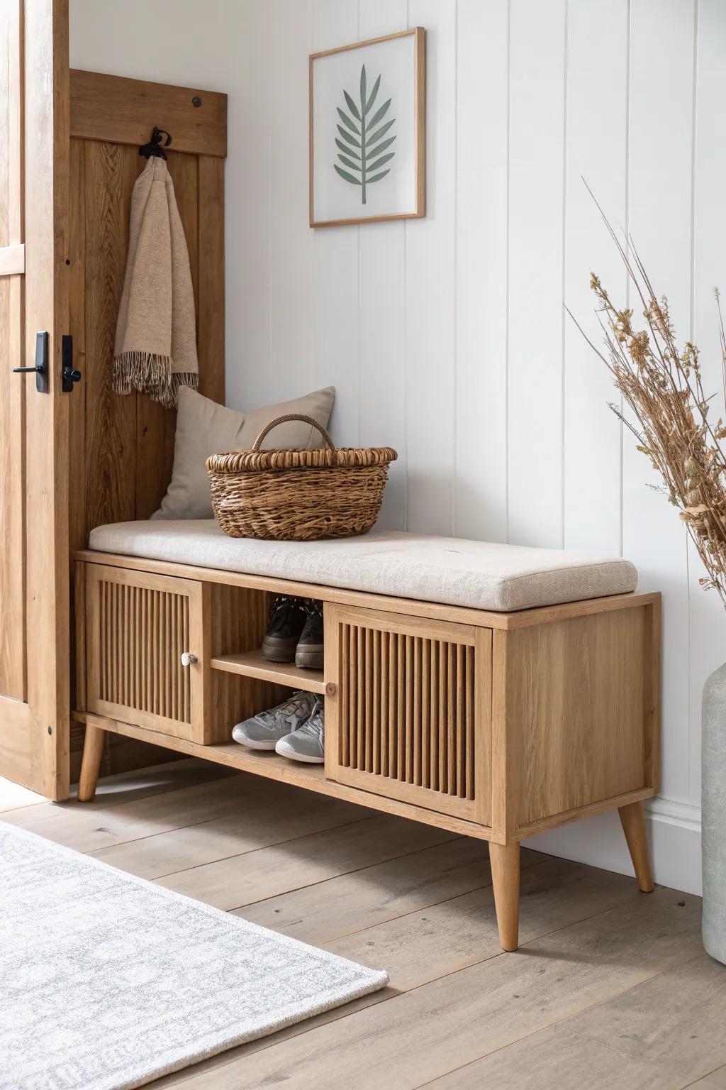 Handmade oak entryway bench with slatted doors—seating + shoe storage in one clean piece.