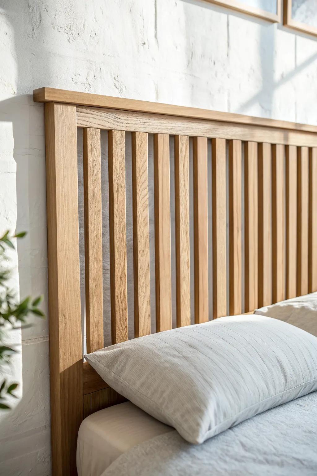 Clean vertical oak slats create an airy, modern headboard with warm, handcrafted charm.