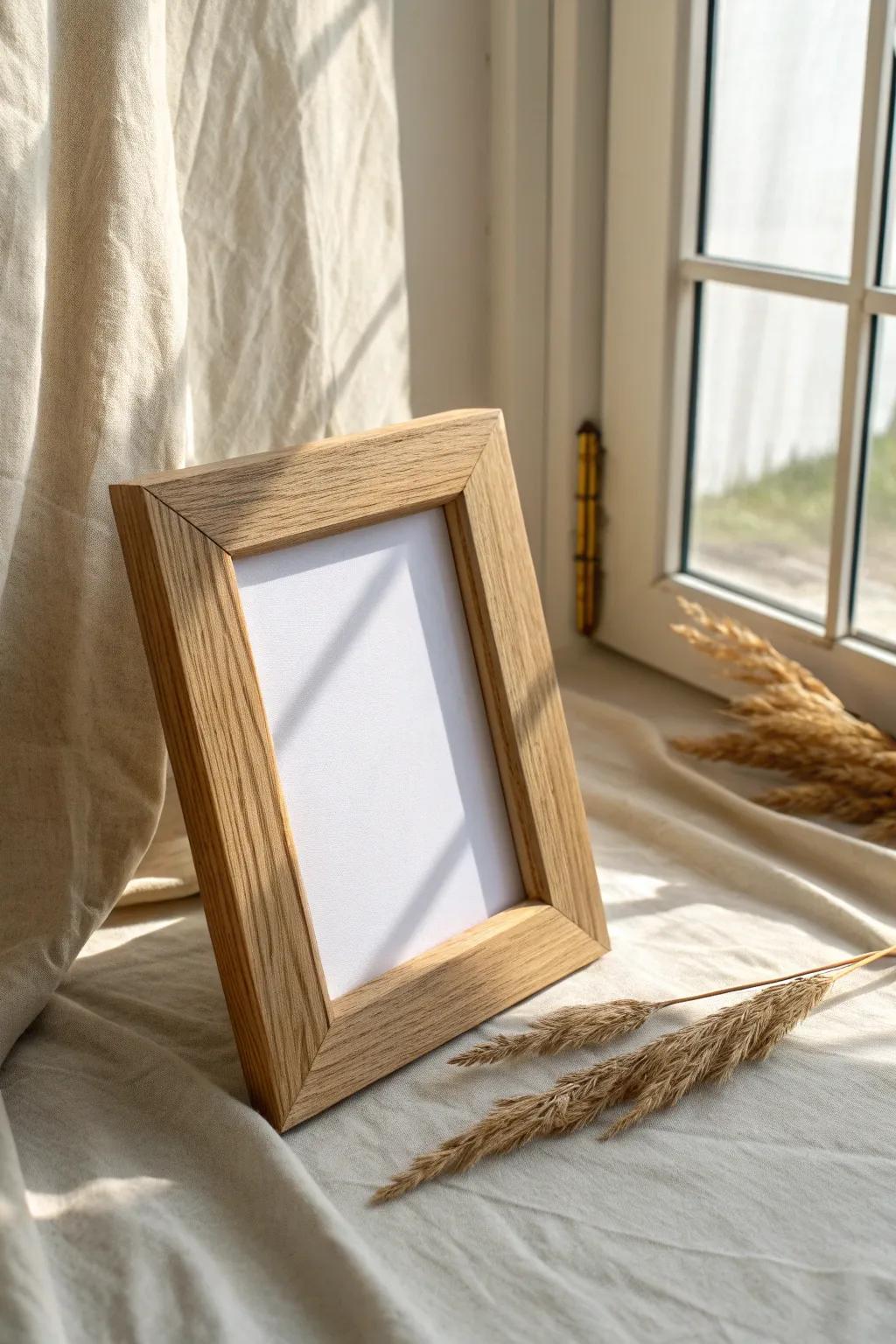 Chunky mitered wood frame with soft round-over edges—modern farmhouse, cozy and refined.
