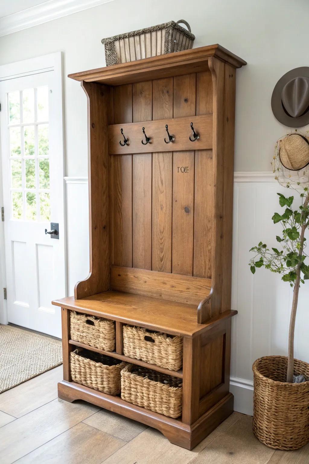 Upcycled headboard hall-tree bench—slim shelf, sturdy hooks, and baskets for calm entryway order.