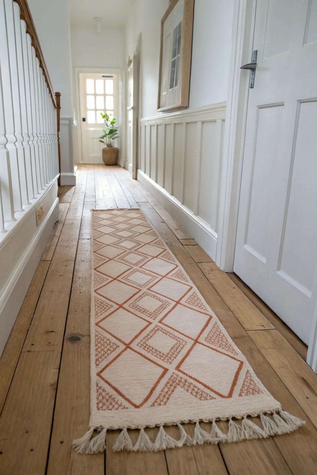 A long runner rug adds warmth and quiet to an upstairs hallway—simple, soft, and polished.