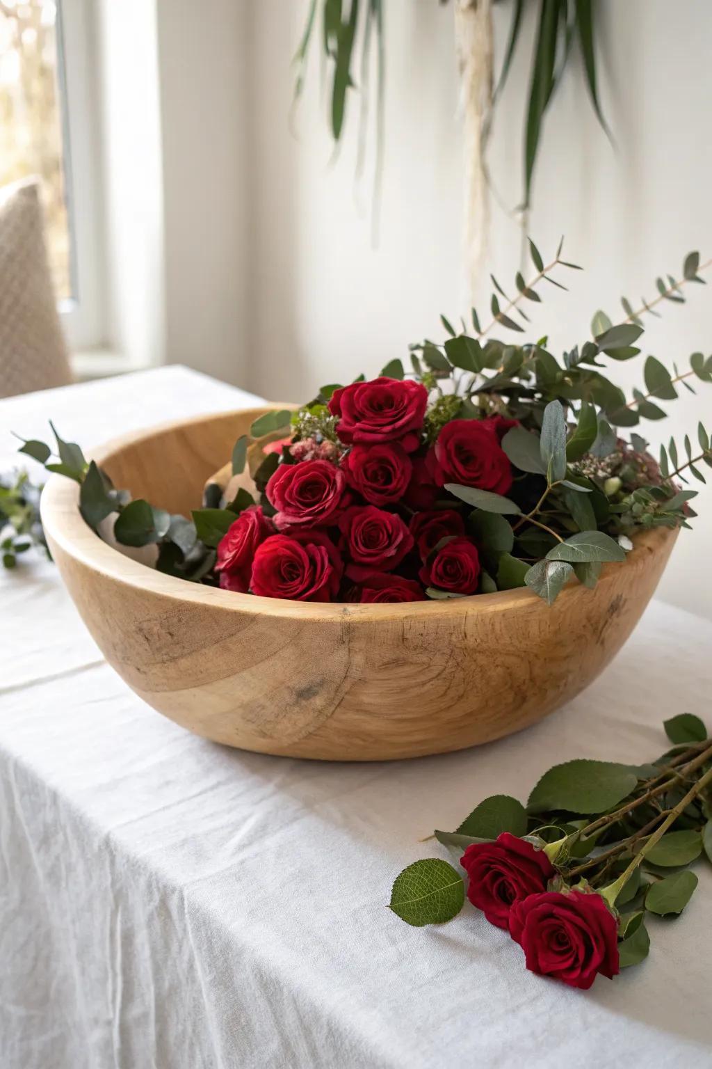 A romantic dough bowl centerpiece with angled red roses and cascading greenery.