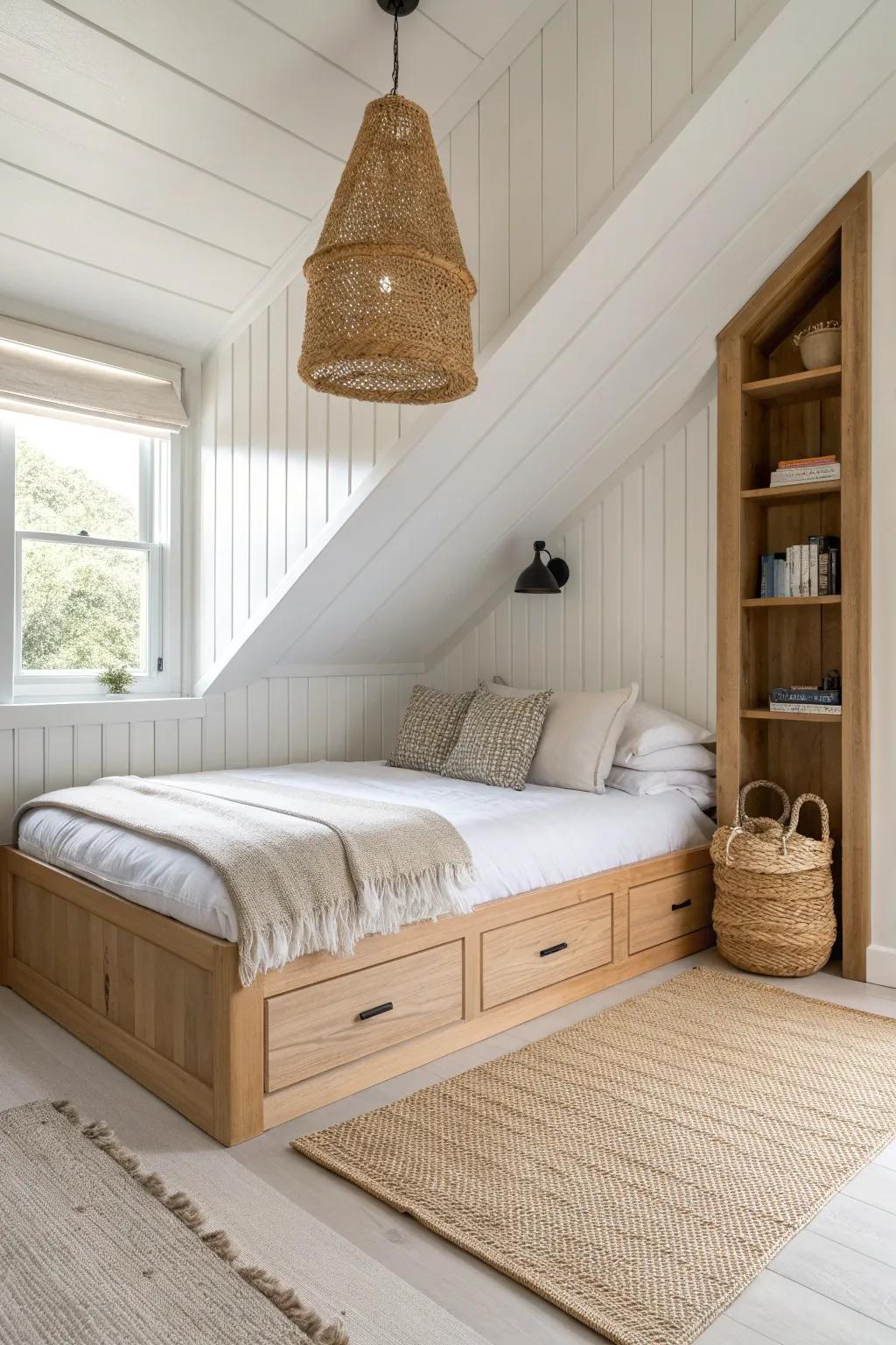 A cozy loft bed nook under the eaves—light oak, chunky trim, and boutique-cabin calm.