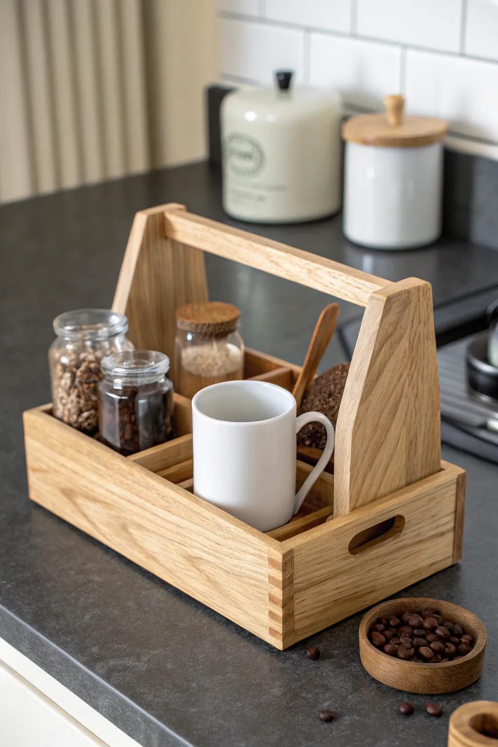 Declutter counters with one pretty wooden caddy to create easy zones in a tiny kitchen.