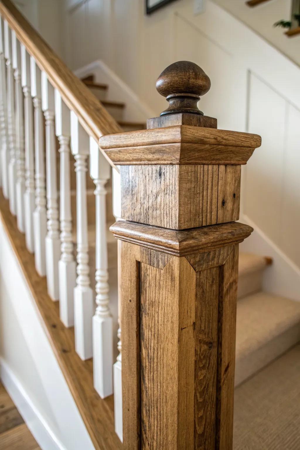 A reclaimed-wood newel upgrade—carved details and a deeper stain for instant Victorian charm.