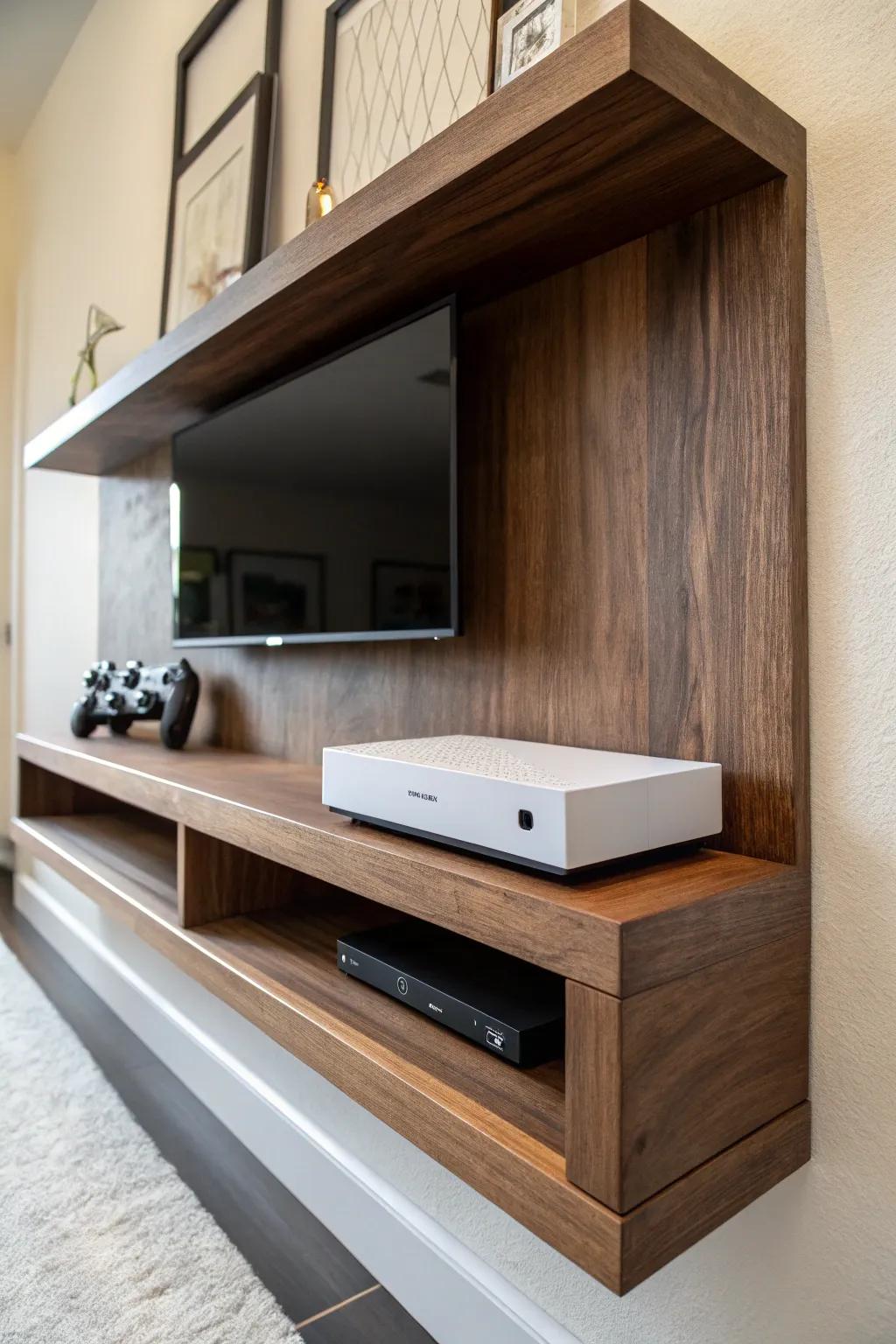 Elevate your gaming setup with a handcrafted wall-mounted shelf that marries style and functionality.