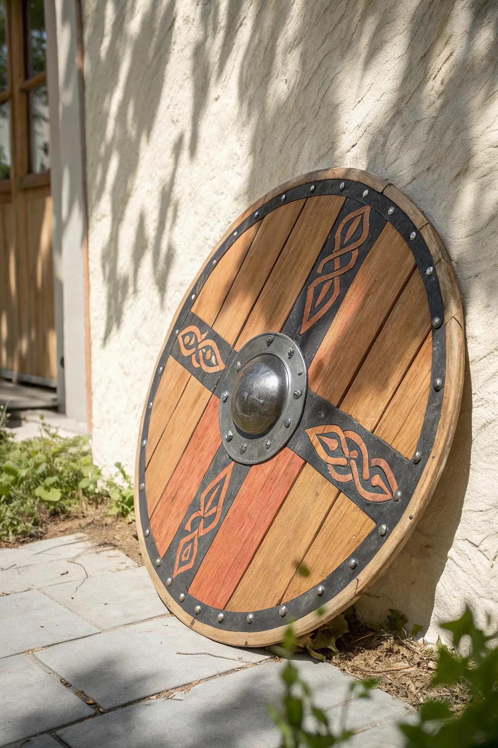 DIY Viking round shield wall art—clean Scandinavian styling with bold stripes and knotwork.