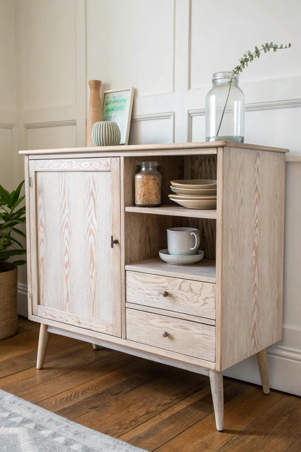 Distressed vintage sideboard coffee bar—hidden storage, warm wood tones, calm minimalist style.