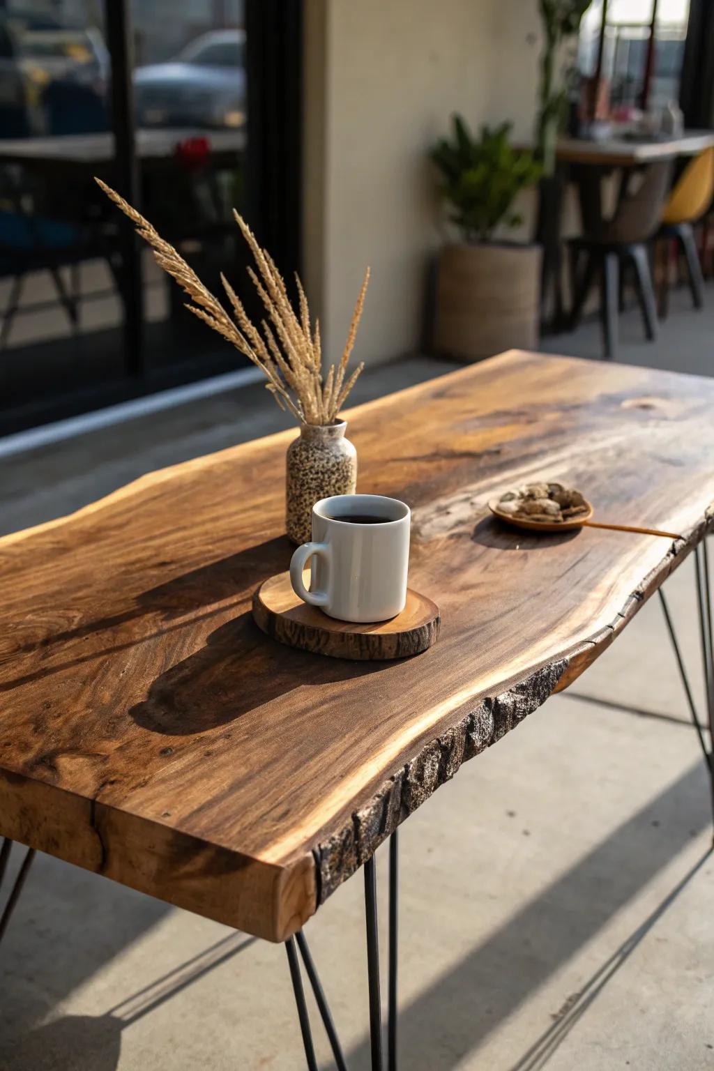 A sculptural live-edge slab table—minimal, vintage coffeehouse warmth, and natural grain drama.